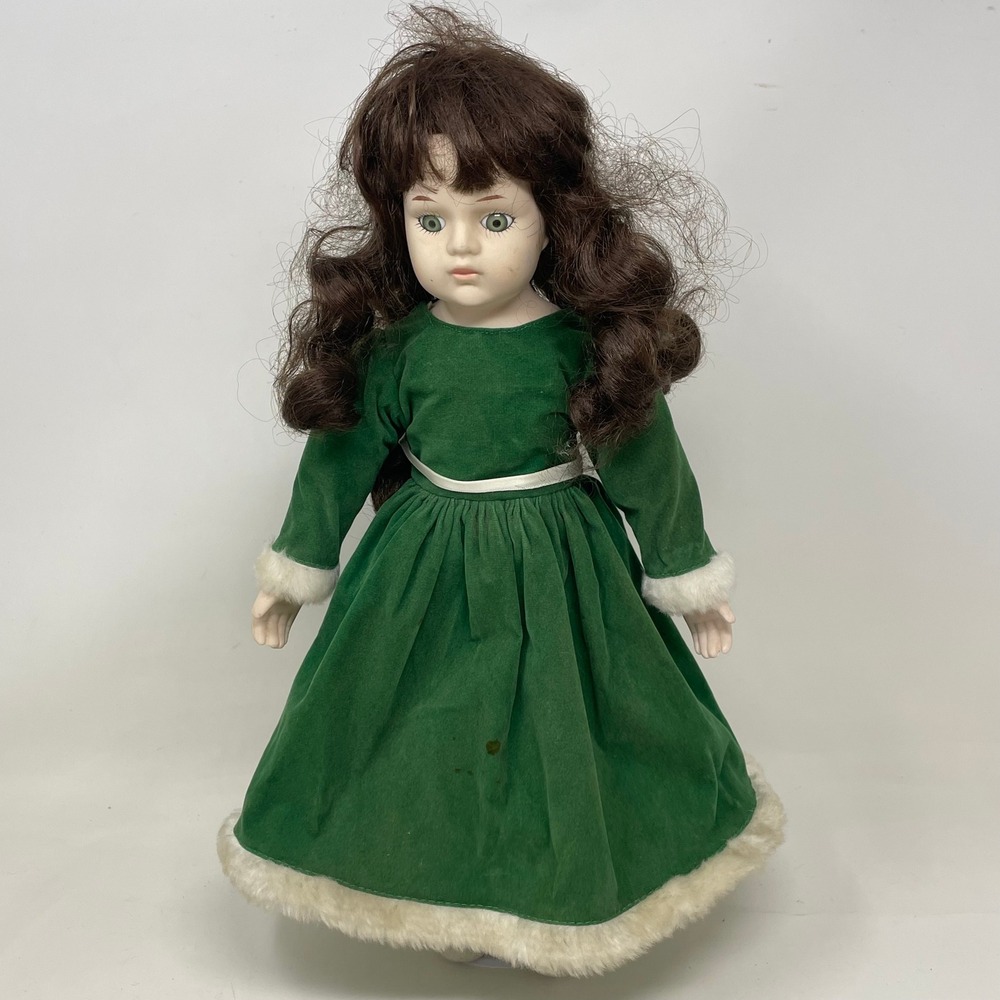 Vintage‎ Porcelain Doll Green Velvet Christmas Dress Brunette Green Eyes Stand